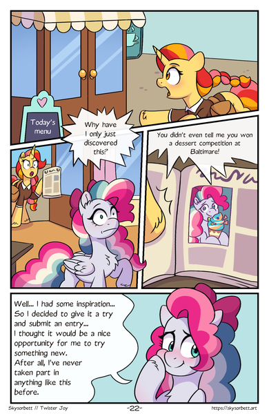 Size: 1496x2300 | Tagged: safe, artist:skysorbett, derpibooru import, oc, oc:peach bubble, oc:sky sorbet, unofficial characters only, pegasus, pony, unicorn, comic:breaking free, blushing, comic, female, horn, image, mare, newspaper, png, speech bubble, talking