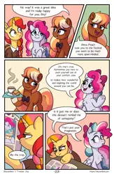 Size: 1496x2300 | Tagged: safe, artist:skysorbett, derpibooru import, oc, oc:hazel blossom, oc:peach bubble, oc:sky sorbet, unofficial characters only, earth pony, pegasus, pony, unicorn, comic:breaking free, blushing, bread, comic, croissant, cup, female, food, horn, image, mare, newspaper, png, speech bubble, talking, teacup, tray