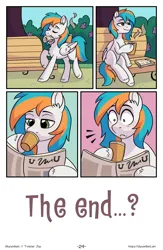 Size: 1496x2300 | Tagged: safe, artist:skysorbett, derpibooru import, oc, oc:twister joy, unofficial characters only, pegasus, pony, comic:breaking free, bench, coffee, coffee cup, comic, cup, image, male, newspaper, outdoors, park, png, sitting, stallion