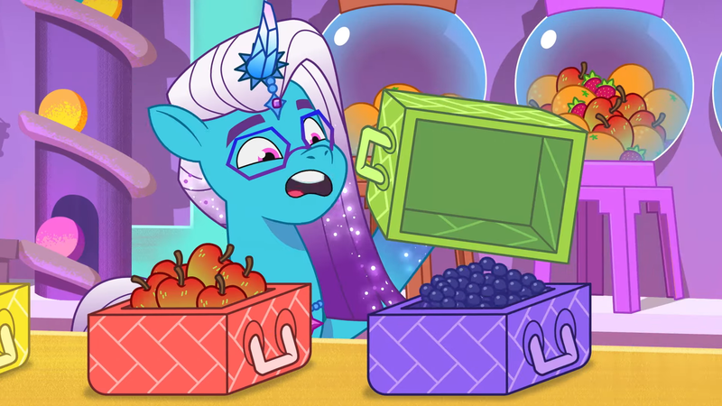 Size: 1920x1080 | Tagged: safe, derpibooru import, screencap, pony, g5, my little pony: tell your tale, spoiler:g5, spoiler:my little pony: tell your tale, spoiler:tyts02e19, apple, auroricorn, booth, comet (g5), food, fruit, image, male, orange, png, solo, sorting, stallion, strawberry, the dream team delight