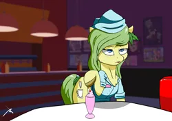 Size: 7016x4961 | Tagged: safe, artist:bluishdraft, derpibooru import, oc, oc:nettle vienna, unofficial characters only, earth pony, pony, annoyed, cigarette, diner, diner uniform, drink, female, image, mare, milkshake, png, solo, unamused, waitress