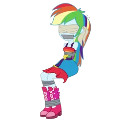 Size: 2000x2000 | Tagged: safe, artist:nie-martw-sie-o-mnie, derpibooru import, rainbow dash, human, equestria girls, g4, blindfold, bondage, boots, clothes, dashsub, dress, evening gloves, fall formal outfits, female, femsub, gag, gloves, image, long gloves, png, shoes, simple background, sitting, solo, submissive, tape, tape bondage, tape gag, transparent background