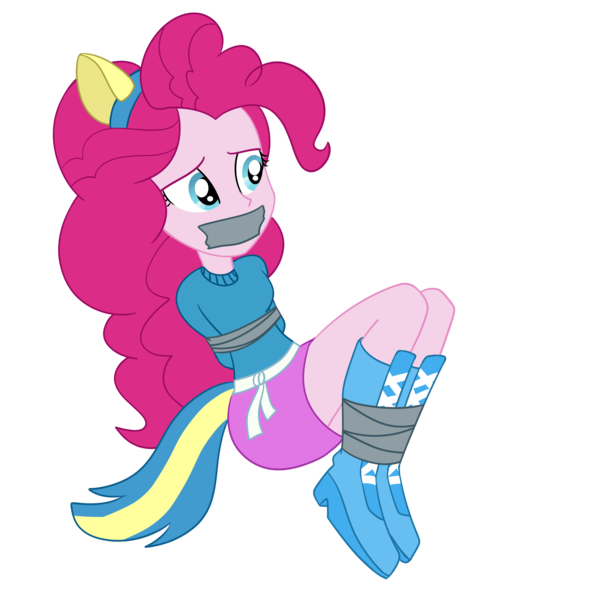 Size: 2000x2000 | Tagged: safe, artist:nie-martw-sie-o-mnie, derpibooru import, pinkie pie, equestria girls, g4, bondage, boots, clothes, female, femsub, gag, helping twilight win the crown, image, pinkiesub, png, shoes, simple background, skirt, solo, submissive, tape, tape bondage, tape gag, transparent background, wondercolts uniform