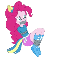 Size: 2000x2000 | Tagged: safe, artist:nie-martw-sie-o-mnie, derpibooru import, pinkie pie, equestria girls, g4, bondage, boots, clothes, female, femsub, gag, helping twilight win the crown, image, pinkiesub, png, shoes, simple background, skirt, solo, submissive, tape, tape bondage, tape gag, transparent background, wondercolts uniform