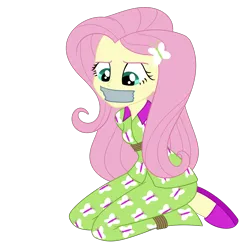 Size: 2000x2000 | Tagged: safe, artist:nie-martw-sie-o-mnie, derpibooru import, fluttershy, human, equestria girls, g4, bondage, butterfly hairpin, clothes, female, femsub, fluttersub, gag, image, kneeling, pajamas, png, rope, rope bondage, simple background, slippers, solo, submissive, tape, tape gag, transparent background