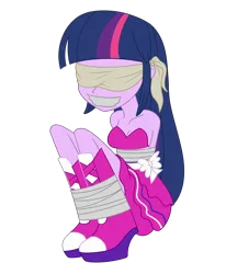 Size: 1888x2288 | Tagged: safe, artist:nie-martw-sie-o-mnie, derpibooru import, twilight sparkle, human, equestria girls, g4, barefoot, blindfold, bondage, clothes, dress, fall formal outfits, feet, female, femsub, gag, image, png, simple background, solo, submissive, tape, tape bondage, tape gag, transparent background, twisub