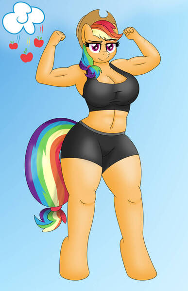 Size: 750x1163 | Tagged: safe, artist:mlpconjoinment, derpibooru import, applejack, rainbow dash, anthro, earth pony, pegasus, applebucking thighs, applejacked, female, fusion, fusion:applejack, fusion:rainbow dash, image, jpeg, muscles, muscular female, rainbuff dash, solo, solo female, thighs, thunder thighs, we have become one, wide hips