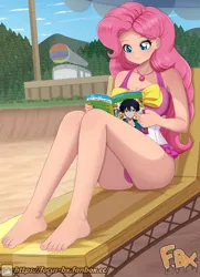 Size: 2480x3425 | Tagged: suggestive, artist:focusb, ponerpics import, pinkie pie, equestria girls, bikini, breasts, clothes, feet, female, image, jpeg, reading, sitting, swimsuit, toenails, toes