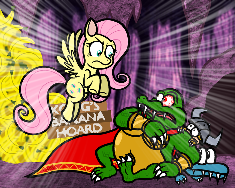 Size: 1838x1476 | Tagged: safe, artist:captainquack64, derpibooru import, fluttershy, pegasus, pony, g4, banana, donkey kong (series), donkey kong country, female, food, image, king k. rool, kremling, male, mare, nintendo, png, stare, the stare