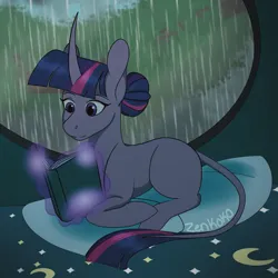 Size: 1350x1350 | Tagged: safe, artist:zenkok0, derpibooru import, twilight sparkle, pony, unicorn, book, curved horn, female, hair bun, horn, image, indoors, leonine tail, lying down, magic, mare, missing cutie mark, pillow, png, prone, rain, reading, signature, solo, tail, telekinesis, unicorn twilight