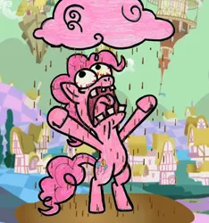 Size: 1024x1096 | Tagged: safe, artist:captainquack64, derpibooru import, pinkie pie, earth pony, pony, g4, bipedal, bloodshot eyes, chocolate, chocolate rain, chocolate with nuts, female, food, image, jpeg, mare, rain, spongebob squarepants