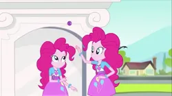 Size: 1489x831 | Tagged: safe, derpibooru import, screencap, pinkie pie, human, equestria girls, g4, clothes, cutie mark, cutie mark on clothes, female, friendship games bloopers, image, jpeg, my little pony equestria girls: friendship games, pink skirt, self paradox