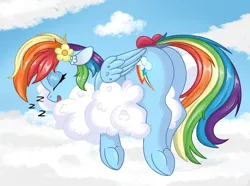 Size: 3000x2229 | Tagged: safe, artist:marbatra, derpibooru import, rainbow dash, pegasus, pony, g4, bow, butt, cloud, dock, eyes closed, flower, flower in hair, frog (hoof), image, on a cloud, onomatopoeia, open mouth, plot, png, rainbutt dash, sleeping, sleeping on a cloud, sleepydash, solo, sound effects, tail, tail bow, underhoof, zzz