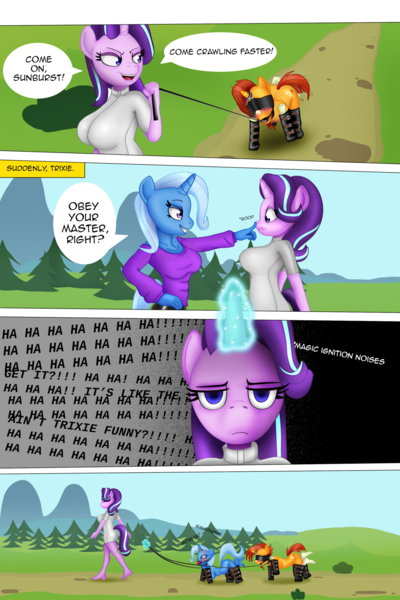 Size: 1567x2351 | Tagged: questionable, artist:defaultuser12, derpibooru import, starlight glimmer, sunburst, trixie, anthro, plantigrade anthro, unicorn, g4, :c, angry, ballgag, bdsm, bitchsuit, blindfold, blush lines, blushing, bondage, boop, breasts, busty starlight glimmer, busty trixie, collar, comic, crawling, cross-popping veins, descriptive noise, dialogue, dominant, emanata, eyes closed, female, femdom, femsub, frown, gag, glow, glowing horn, grin, happy, horn, horn ring, image, inconvenient trixie, jewelry, laughing, leash, lidded eyes, looking at someone, looking back, magic, magic suppression, male, malesub, muffled words, nipples, nudity, onomatopoeia, open mouth, open smile, outdoors, pet play, png, pulling, ring, ring gag, smiling, speech bubble, starlight glimmer is not amused, submissive, telekinesis, the weak and powerless trixie, trio, unamused, walking, wavy mouth