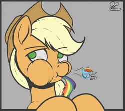 Size: 3512x3116 | Tagged: safe, artist:macromousie, derpibooru import, applejack, rainbow dash, pony, g4, annoyed, chewing, eating, female, giant pony, giantess, image, macro, mare, micro, png, tail, tail sticking out, tiny, tiny ponies, vore