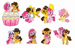 Size: 2282x1455 | Tagged: safe, artist:rlabbiy, derpibooru import, cheese sandwich, li'l cheese, pinkie pie, earth pony, pony, g4, the last problem, accordion, balloon, cheese sandwich plushie, clothes, colt, female, foal, giant cupcake, grin, hat, image, jpeg, looking at each other, looking at someone, madame pinkie, male, mare, musical instrument, one eye closed, open mouth, outline, pinkamena diane pie, pinkie pie plushie, plushie, poncho, scarf, simple background, smiling, stallion, suit, white background, white outline, wink, younger