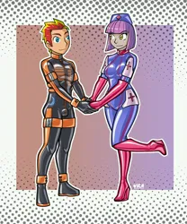 Size: 2658x3189 | Tagged: safe, artist:vanessarubberart, derpibooru import, oc, oc:fireheart(fire), oc:nurse lavender blossom, unofficial characters only, human, equestria girls, g4, alternate universe, clothes, fireheart76's latex suit design, gloves, humanized, humanized oc, image, jpeg, latex, latex boots, latex gloves, latex suit, prisoners of the moon, rubber, rubber boots, rubber gloves, rubber suit