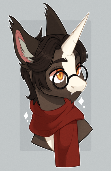 Size: 649x994 | Tagged: safe, artist:sararini, derpibooru import, oc, oc:moonstone, pony, unicorn, bust, glasses, horn, image, male, png, portrait, solo, stallion