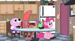 Size: 1121x610 | Tagged: safe, derpibooru import, edit, edited screencap, screencap, pinkie pie, earth pony, pony, adult swim, cartoon network, image, png, shitposting, smiling friends