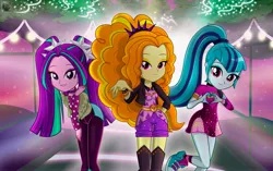 Size: 4096x2568 | Tagged: safe, artist:charliexe, derpibooru import, adagio dazzle, aria blaze, sonata dusk, equestria girls, g4, 4k, bangs, boots, clothes, curly hair, equestria girls specials, eyeshadow, heart hands, high res, image, jacket, jewelry, jpeg, leather, leather jacket, long sleeves, looking at you, makeup, outdoors, pigtails, pointing, pointing at you, ponytail, shoes, shorts, smiling, the dazzlings, thigh boots, twintails, waist belt, wallpaper