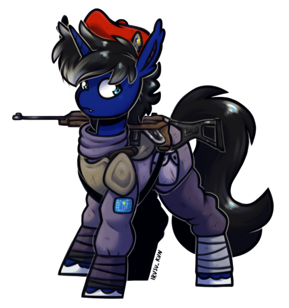 Size: 1839x1962 | Tagged: safe, artist:lrusu, derpibooru import, oc, oc:night reader, unofficial characters only, bat pony, hybrid, unicorn, equestria at war mod, armor, beret, gun, hat, horn, hybrid oc, image, leg wraps, m1a1 carbine, male, png, rifle, solo, solo male, unshorn fetlocks, weapon