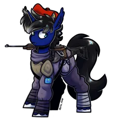 Size: 1839x1962 | Tagged: safe, artist:lrusu, derpibooru import, oc, oc:night reader, unofficial characters only, bat pony, hybrid, unicorn, equestria at war mod, armor, beret, gun, hat, horn, hybrid oc, image, leg wraps, m1a1 carbine, male, png, rifle, solo, solo male, unshorn fetlocks, weapon