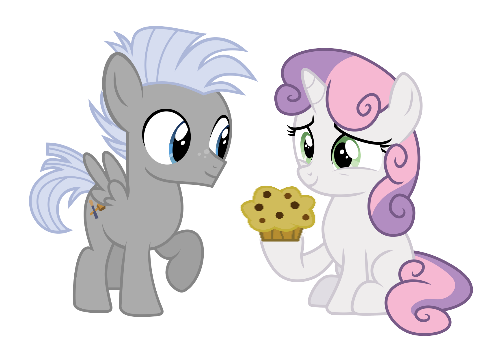 Size: 494x353 | Tagged: safe, derpibooru import, edit, vector edit, chipcutter, sweetie belle, pegasus, pony, unicorn, blank flank, chipbelle, chocolate chip muffin, female, food, horn, image, male, muffin, png, raised hoof, shipping, simple background, sitting, spread wings, straight, transparent background, vector, wings