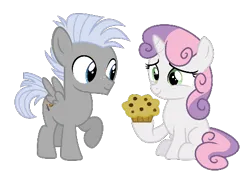 Size: 494x353 | Tagged: safe, derpibooru import, edit, vector edit, chipcutter, sweetie belle, pegasus, pony, unicorn, blank flank, chipbelle, chocolate chip muffin, female, food, horn, image, male, muffin, png, raised hoof, shipping, simple background, sitting, spread wings, straight, transparent background, vector, wings