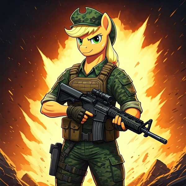 Size: 1024x1024 | Tagged: safe, ai content, derpibooru import, generator:google imagen 3.0, machine learning generated, prompter:zerowinger, applejack, anthro, earth pony, g4, applejacked, assault rifle, clothes, cosplay, costume, explosion, fatigues, female, fingerless gloves, g.i. joe, gloves, gun, image, jpeg, leatherneck, marine, marines, military uniform, muscles, rifle, smiling, smirk, solo, uniform, weapon