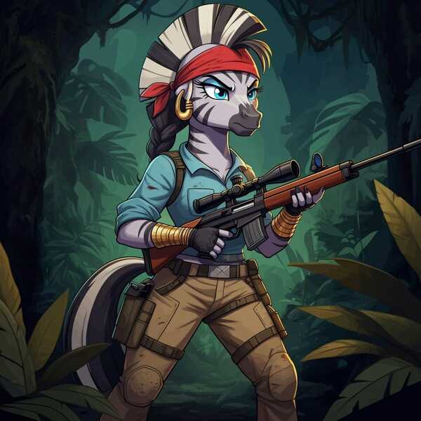 Size: 1024x1024 | Tagged: safe, ai content, derpibooru import, generator:google imagen 3.0, machine learning generated, prompter:zerowinger, zecora, anthro, zebra, g4, bandana, clothes, cosplay, costume, ear piercing, earring, female, fingerless gloves, floppy ears, forest, g.i. joe, gloves, gun, image, jewelry, jpeg, jungle, nature, piercing, ponytail, rifle, sniper rifle, solo, spirit (gi joe), tree, weapon