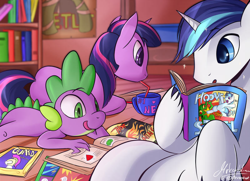 Size: 1920x1392 | Tagged: safe, artist:mricantdraw, derpibooru import, shining armor, spike, twilight sparkle, oc, oc:sentoki, dragon, pony, unicorn, g4, book, brother and sister, comic book, cup, drink, drinking, drinking straw, female, group, horn, image, indoors, lying down, male, mare, open mouth, png, prone, reading, siblings, stallion, straw, tongue out, unicorn twilight