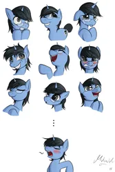 Size: 4000x6000 | Tagged: suggestive, artist:mricantdraw, derpibooru import, oc, oc:tinker doo, unofficial characters only, pony, unicorn, absurd resolution, blushing, bust, crying, expressions, eyes closed, facial expressions, floppy ears, glasses, happy, horn, image, laughing, male, open mouth, open smile, png, portrait, sad, scared, simple background, smiling, solo, stallion, unicorn oc, white background