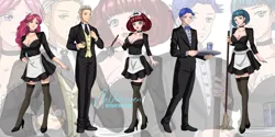 Size: 3000x1500 | Tagged: safe, artist:neldorwen, derpibooru import, human, g4, anime, barely pony related, bishonen, clothes, cobalt stone, commission, commissioner:beef--wellington, digital art, fanart, fanfic art, french maid, humanized, image, jpeg, lemony crumble, maid, red ribbons, servant, story:the life and times of the equestrian dragon, tote bag (g4), twinkleworks