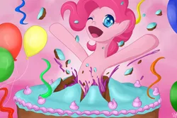 Size: 3600x2400 | Tagged: safe, artist:mricantdraw, derpibooru import, pinkie pie, earth pony, pony, g4, balloon, cake, female, food, high res, image, jpeg, mare, one eye closed, open mouth, party, popping out of a cake, solo, streamers