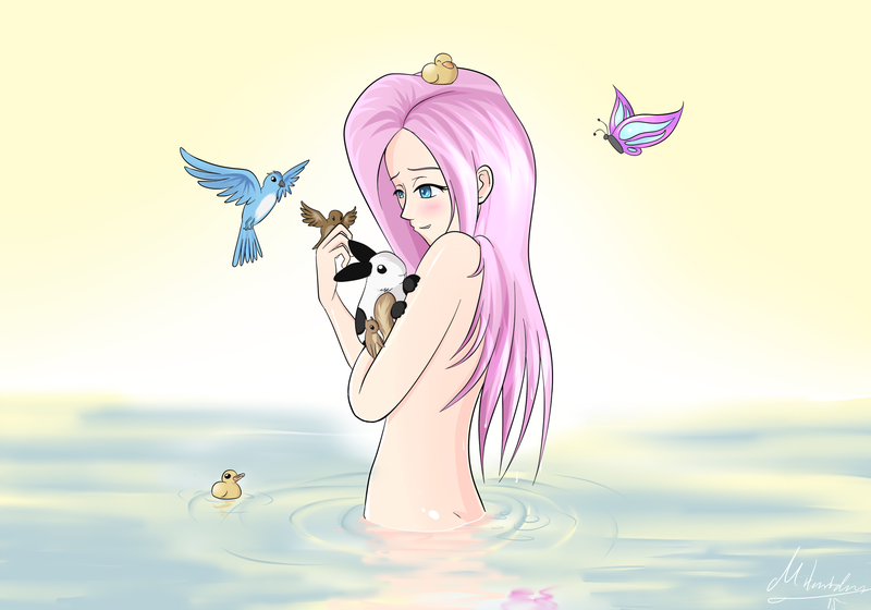 Size: 1920x1344 | Tagged: safe, artist:mricantdraw, derpibooru import, fluttershy, bird, butterfly, duck, human, insect, rabbit, squirrel, g4, animal, artistic nudity, blushing, coat markings, duckling, female, fog, holding a bunny, holding an animal, humanized, image, naturalist, nudity, outdoors, partially submerged, png, reflection, signature, solo, water, wet, wet hair