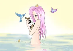 Size: 1920x1344 | Tagged: safe, artist:mricantdraw, derpibooru import, fluttershy, bird, butterfly, duck, human, insect, g4, animal, artistic nudity, blushing, female, humanized, image, nudity, partially submerged, png, solo, water