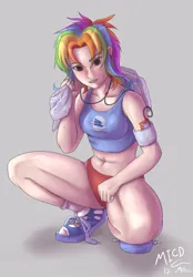 Size: 2226x3200 | Tagged: safe, artist:mricantdraw, derpibooru import, rainbow dash, human, g4, clothes, female, high res, humanized, image, midriff, png, shoes, solo, sports bra, sports panties, tanktop, thighs, thunder thighs, towel, workout outfit