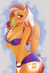 Size: 1671x2500 | Tagged: suggestive, artist:u_lu_lu, ponerpics import, oc, unofficial characters only, anthro, bikini, blushing, breasts, candy, clothes, female, food, image, jpeg, lollipop, looking back, swimsuit