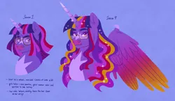 Size: 2906x1685 | Tagged: safe, artist:fizzmitz, derpibooru import, twilight sparkle, twilight sparkle (alicorn), alicorn, pony, unicorn, g4, ascension enhancement, blue background, bust, claws, coat markings, colored wings, facial markings, female, glasses, gradient wings, horn, image, looking at you, mare, png, simple background, smiling, smiling at you, solo, star (coat marking), ultimate twilight, unicorn twilight, wing claws, wings