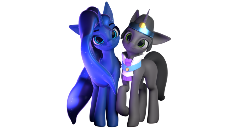 Size: 1920x1080 | Tagged: safe, artist:saphire systrine, derpibooru import, king sombra, princess luna, 3d, blender, blender eevee, cute, duo, duo male and female, female, image, male, png, ship:lumbra, shipping, simple background, straight, transparent background, vs twi