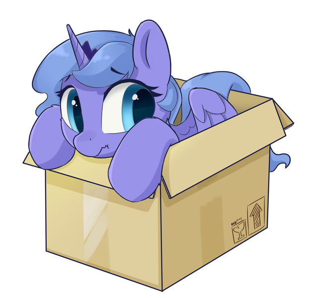 Size: 4409x4134 | Tagged: safe, artist:youle, derpibooru import, princess luna, alicorn, pony, box, image, jpeg, pony in a box, s1 luna, simple background, solo, white background, young luna, younger