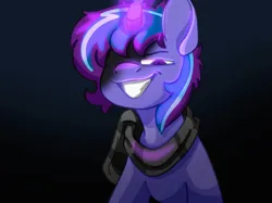 Size: 534x400 | Tagged: artist needed, safe, derpibooru import, oc, oc:moonshadow colt, unofficial characters only, unicorn, antagonist, badass, clothes, dark, evil grin, fanart, glow, glowing horn, grin, horn, hybrid fusion, image, jpeg, oc villain, scarf, smiling, solo, stallion oc, striped scarf, this will end in death, unicorn oc, villainess