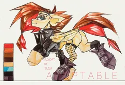 Size: 2048x1390 | Tagged: safe, artist:tlen borowski, derpibooru import, oc, unofficial characters only, pegasus, pony, adoptable, boots, butt, clothes, fishnet clothing, fishnets, fluffy, folded wings, hooves, image, jacket, jpeg, leather, leather boots, leather jacket, looking at you, makeup, multicolored hair, palette, pegasus oc, piercing, plot, reference sheet, shoes, socks, stockings, tail, thigh highs, traditional art, wings