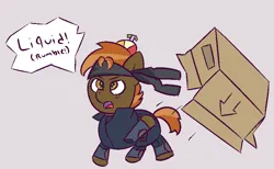 Size: 830x512 | Tagged: safe, artist:wanda, derpibooru import, button mash, earth pony, pony, box, cardboard box, clothes, colt, cosplay, costume, dialogue, foal, hat, image, male, png, simple background, solid snake, solo, video game