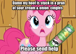 Size: 896x634 | Tagged: safe, derpibooru import, edit, edited screencap, screencap, pinkie pie, earth pony, pony, a friend in deed, g4, chips, duke nukem, food, image, meme, png, potato chips, pran of cingles, pringles, protonjon, shitposting, solo, text