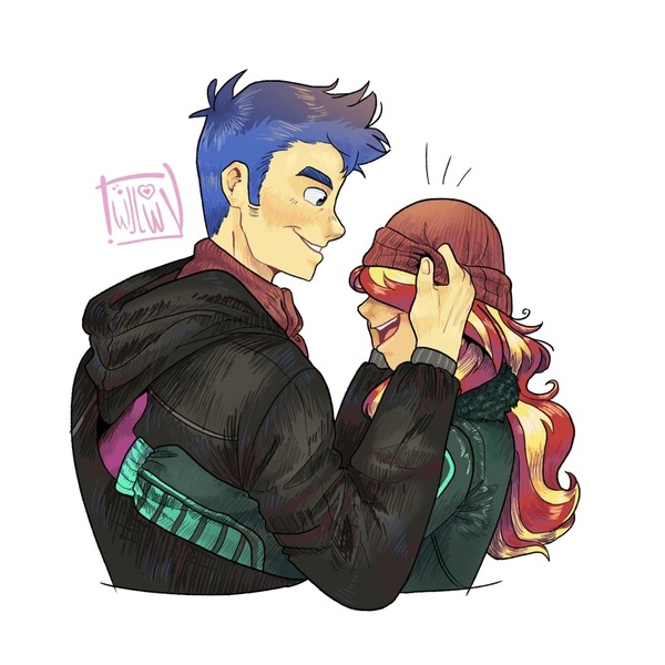 Size: 1350x1350 | Tagged: safe, artist:twillow, derpibooru import, flash sentry, sunset shimmer, human, equestria girls, g4, beanie, bust, clothes, duo, duo male and female, female, flashimmer, hat, height difference, image, jacket, jpeg, male, open mouth, open smile, shipping, signature, simple background, smiling, spanish description, straight, teasing, white background