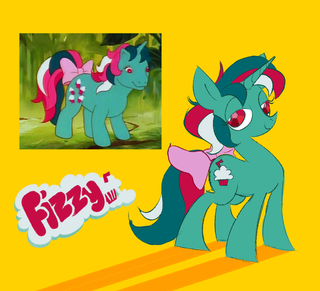 Size: 2200x2000 | Tagged: safe, artist:rubyrelax, derpibooru import, fizzy, twinkle eyed pony, unicorn, g1, bow, generation leap, horn, image, png, simple background, tail, tail bow, yellow background