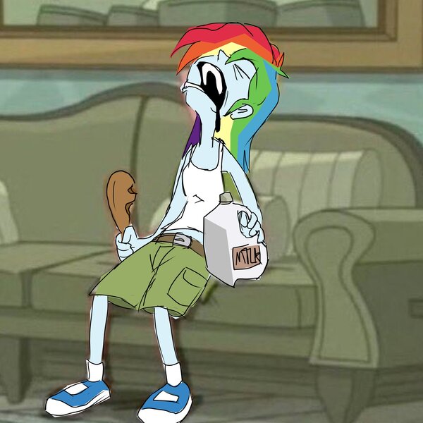 Size: 2000x2000 | Tagged: safe, artist:skypaw10, derpibooru import, rainbow dash, human, equestria girls, g4, chicken leg, couch, female, food, holding, human female, humanized, image, jpeg, milk jug, open mouth, solo, trace