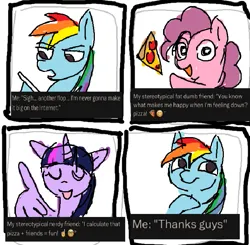 Size: 659x647 | Tagged: safe, artist:skypaw10, derpibooru import, pinkie pie, rainbow dash, twilight sparkle, twilight sparkle (alicorn), alicorn, earth pony, pegasus, pony, female, food, humor, image, pizza, png, talking, trio, trio female