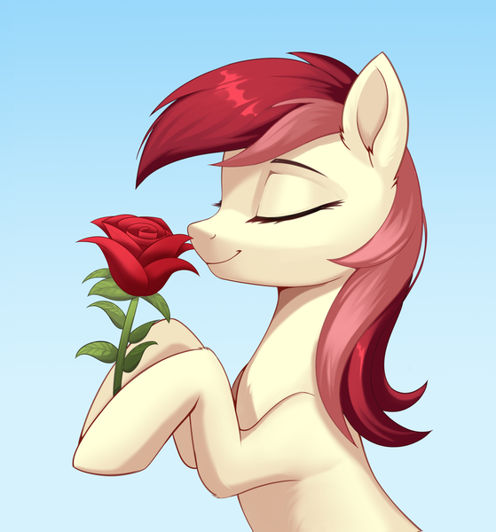 Size: 2638x2833 | Tagged: safe, artist:sierraex, derpibooru import, roseluck, earth pony, pony, g4, eyes closed, female, flower, gradient background, image, mare, png, smiling, solo